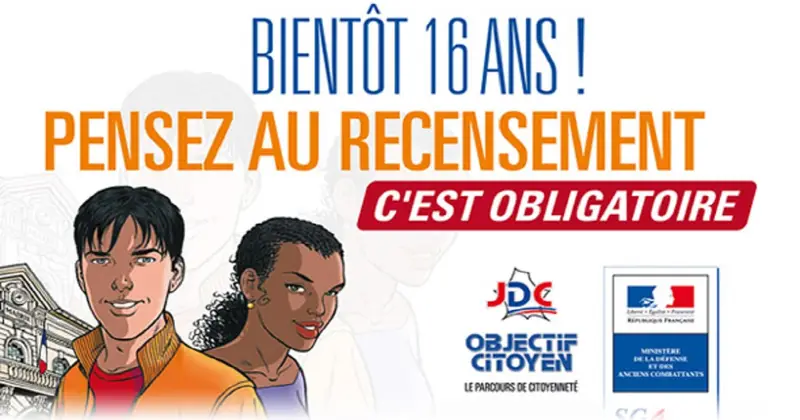 Campagne de communication où l’on voit deux jeunes en bande dessiné. Sur l’image il y a écrit : bientôt 16 ans ? pensez au recensement c’est obligatoire